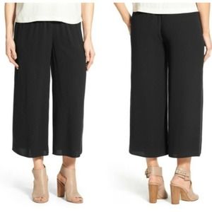 Eileen Fisher 100% Silk Black Crepe Crop Wide Leg